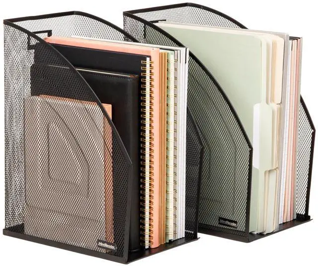 Main image of Vertical File Organizers, Desktop File Holders for Folders, Magazines, and Paperwork, Workspace Organizer, Metal Mesh, Set of 2, Black