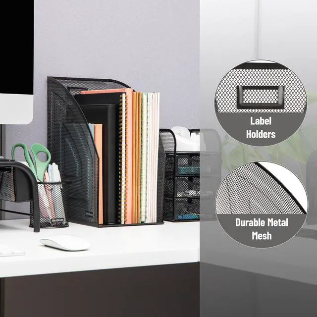Alt view image 4 of 6 - Vertical File Organizers, Desktop File Holders for Folders, Magazines, and Paperwork, Workspace Organizer, Metal Mesh, Set of 2, Black