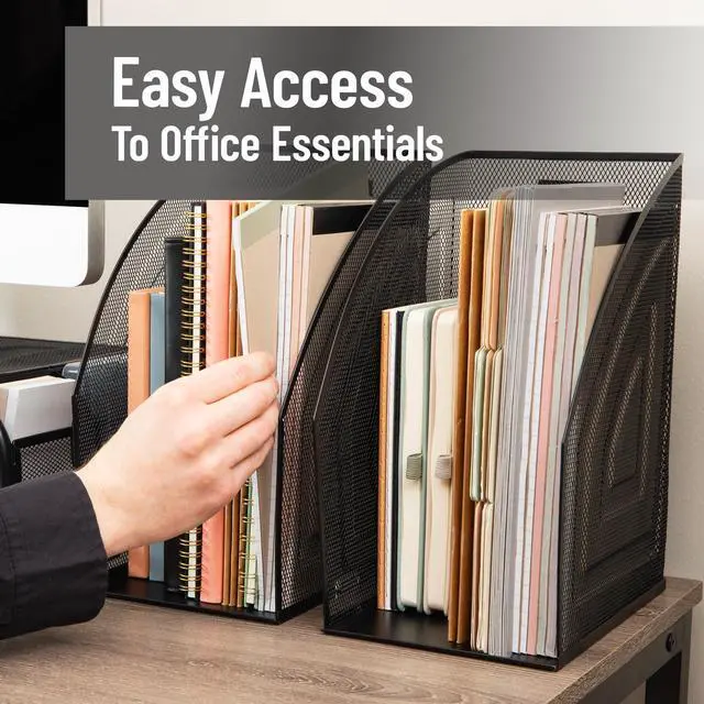 Alt view image 6 of 6 - Vertical File Organizers, Desktop File Holders for Folders, Magazines, and Paperwork, Workspace Organizer, Metal Mesh, Set of 2, Black