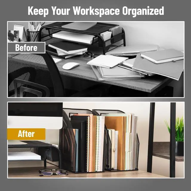 Alt view image 5 of 6 - Vertical File Organizers, Desktop File Holders for Folders, Magazines, and Paperwork, Workspace Organizer, Metal Mesh, Set of 2, Black