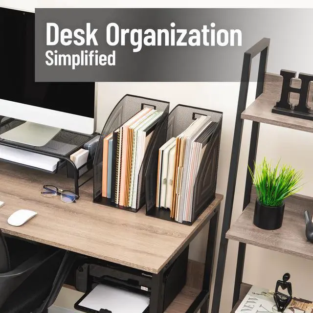 Alt view image 2 of 6 - Vertical File Organizers, Desktop File Holders for Folders, Magazines, and Paperwork, Workspace Organizer, Metal Mesh, Set of 2, Black