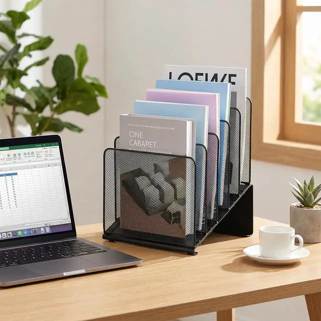 Alt view image 3 of 7 - File Organizer for Desk, File Folder Organizer with 5-Section Vertical Rack, Suitable for Home Office Document Organization and Storage(Black)