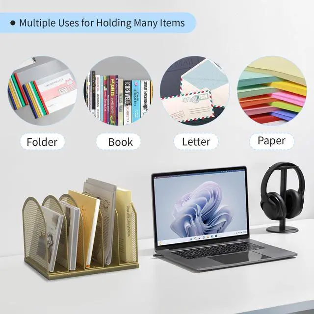 Alt view image 6 of 7 - 5-Section Vertical Desktop Organizer, 5-Section Mesh File Folder Stand Sorter for Office Home Classroom Organization (1, Gold)