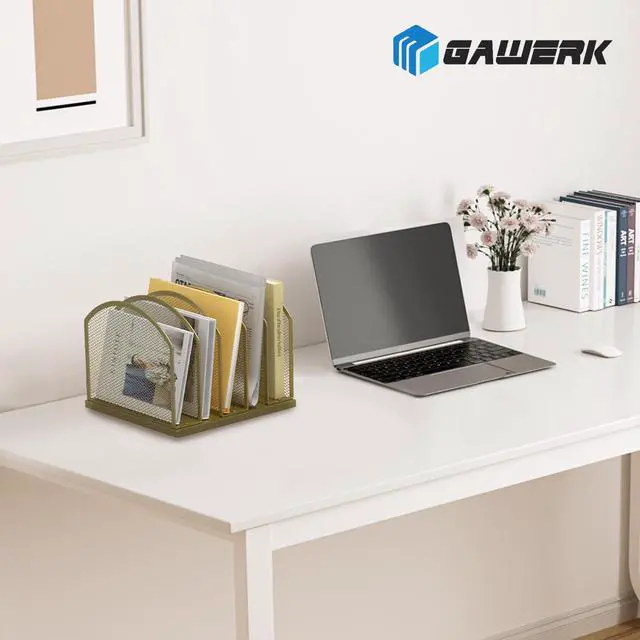 Alt view image 7 of 7 - 5-Section Vertical Desktop Organizer, 5-Section Mesh File Folder Stand Sorter for Office Home Classroom Organization (1, Gold)