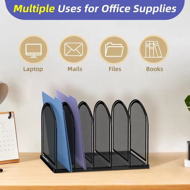 Alt view image 6 of 7 - File Organizer for Desk, 5-Section Mesh Desk Organizer, Vertical File Holder Desktop Organizer File Sorter, File Folder Holder for Office Supplies, Black