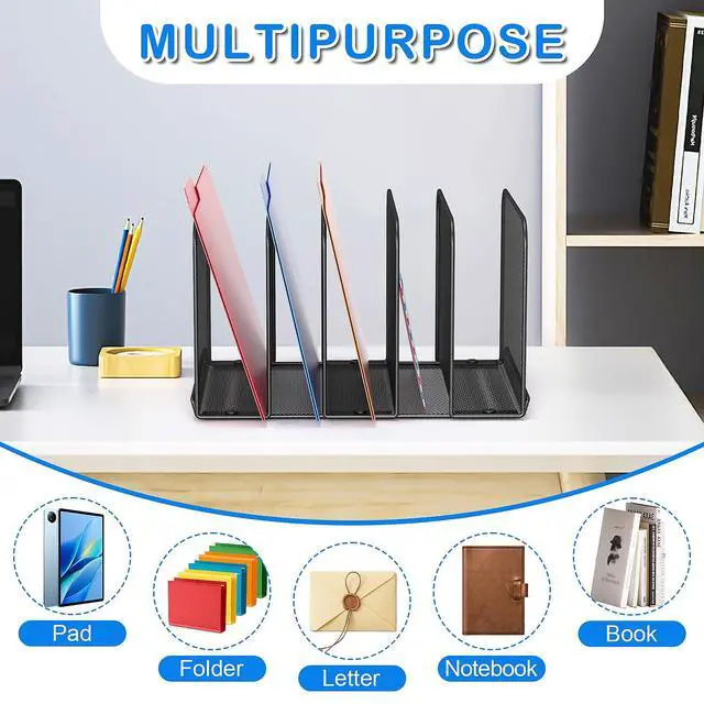 Alt view image 3 of 7 - 5 Sections Desk File Holder/Rack/Sorter,Mesh File Organizer,File Folder Organizer,Metal Upright Desktop Organization for Documents,Magazine,Kitchenware,Antiskid,Antirust,Sturdy,1 Pack