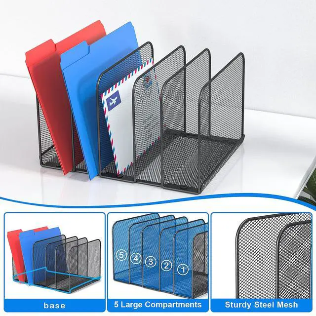 Alt view image 4 of 7 - 5 Sections Desk File Holder/Rack/Sorter,Mesh File Organizer,File Folder Organizer,Metal Upright Desktop Organization for Documents,Magazine,Kitchenware,Antiskid,Antirust,Sturdy,1 Pack