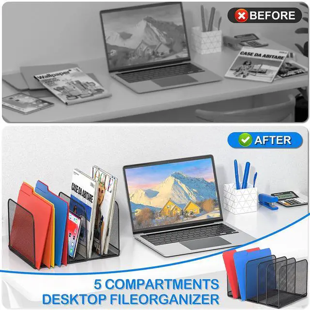 Alt view image 6 of 7 - 5 Sections Desk File Holder/Rack/Sorter,Mesh File Organizer,File Folder Organizer,Metal Upright Desktop Organization for Documents,Magazine,Kitchenware,Antiskid,Antirust,Sturdy,1 Pack