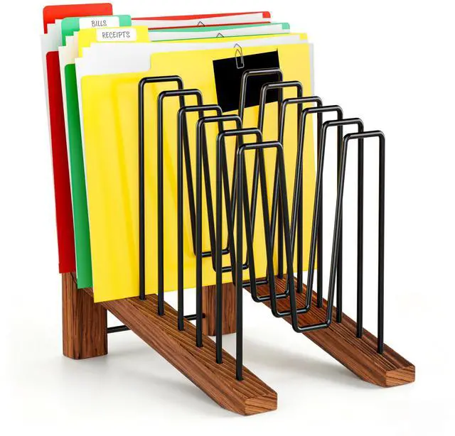 Main image of Inclined File Organizer for Desk, Adjustable 7-Section Vertical Desk File Organizer with Wooden Base, Metal Desktop Paper Folder Holder for Office, Home, Classroom and School Workspace