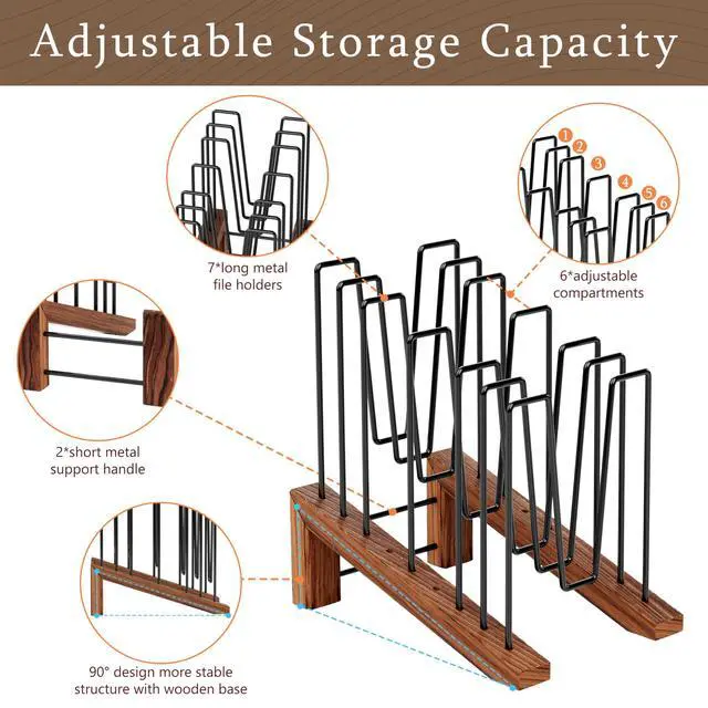 Alt view image 4 of 7 - Inclined File Organizer for Desk, Adjustable 7-Section Vertical Desk File Organizer with Wooden Base, Metal Desktop Paper Folder Holder for Office, Home, Classroom and School Workspace