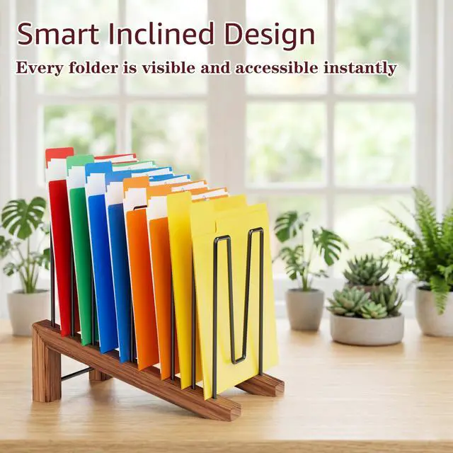 Alt view image 5 of 7 - Inclined File Organizer for Desk, Adjustable 7-Section Vertical Desk File Organizer with Wooden Base, Metal Desktop Paper Folder Holder for Office, Home, Classroom and School Workspace
