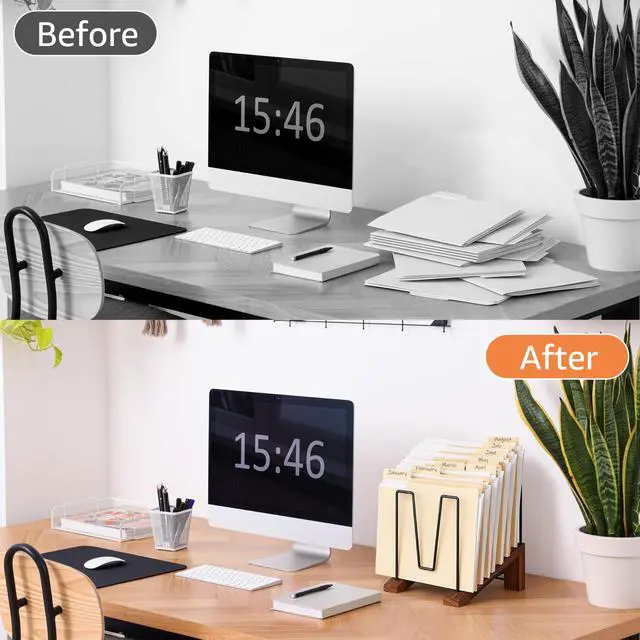 Alt view image 6 of 7 - Inclined File Organizer for Desk, Adjustable 7-Section Vertical Desk File Organizer with Wooden Base, Metal Desktop Paper Folder Holder for Office, Home, Classroom and School Workspace