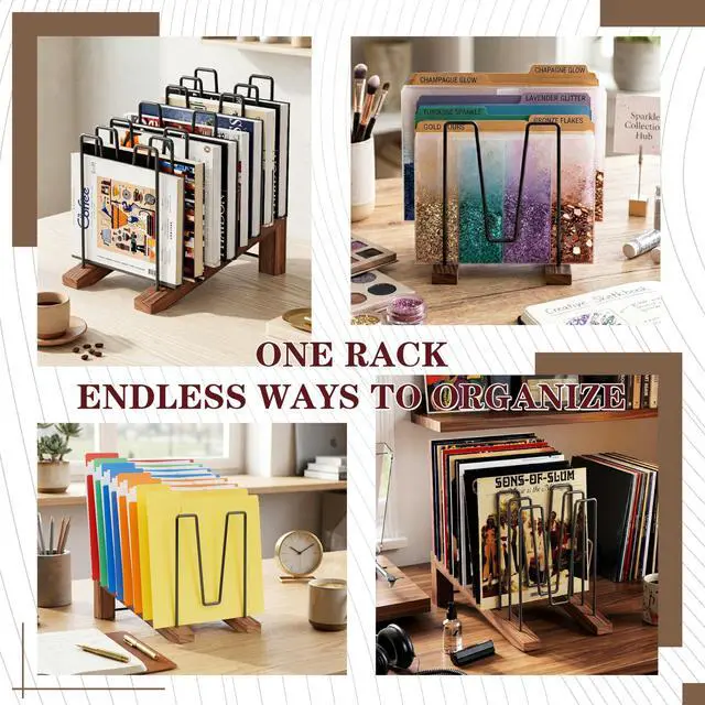 Alt view image 7 of 7 - Inclined File Organizer for Desk, Adjustable 7-Section Vertical Desk File Organizer with Wooden Base, Metal Desktop Paper Folder Holder for Office, Home, Classroom and School Workspace