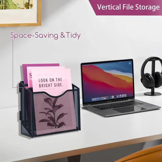 Alt view image 6 of 7 - Desk File Organizer, Metal Mesh File Folder Holder Stand with 3 Vertical Compartments Rack, Wall File Organizer File Sorter for Office Supplies Desktop Organization, Black