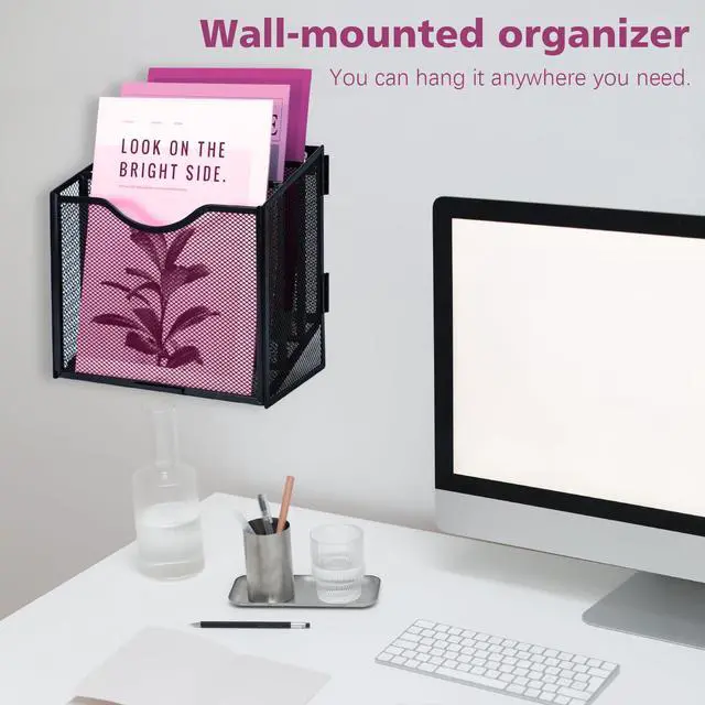 Alt view image 7 of 7 - Desk File Organizer, Metal Mesh File Folder Holder Stand with 3 Vertical Compartments Rack, Wall File Organizer File Sorter for Office Supplies Desktop Organization, Black