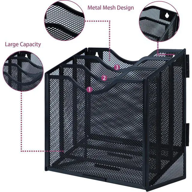 Alt view image 3 of 7 - Desk File Organizer, Metal Mesh File Folder Holder Stand with 3 Vertical Compartments Rack, Wall File Organizer File Sorter for Office Supplies Desktop Organization, Black