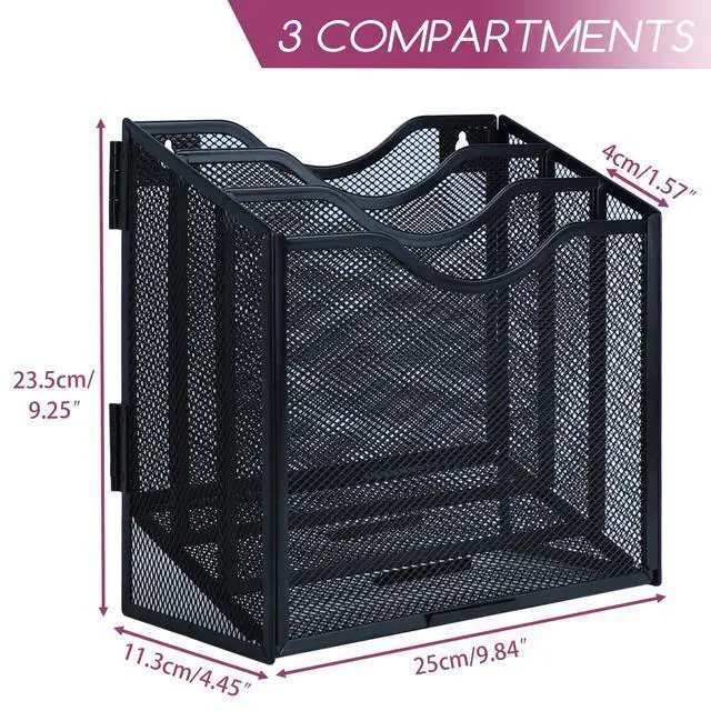 Alt view image 2 of 7 - Desk File Organizer, Metal Mesh File Folder Holder Stand with 3 Vertical Compartments Rack, Wall File Organizer File Sorter for Office Supplies Desktop Organization, Black