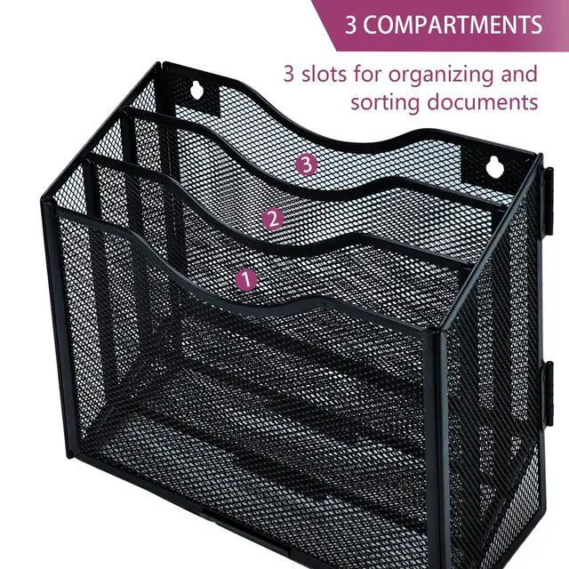 Alt view image 4 of 7 - Desk File Organizer, Metal Mesh File Folder Holder Stand with 3 Vertical Compartments Rack, Wall File Organizer File Sorter for Office Supplies Desktop Organization, Black