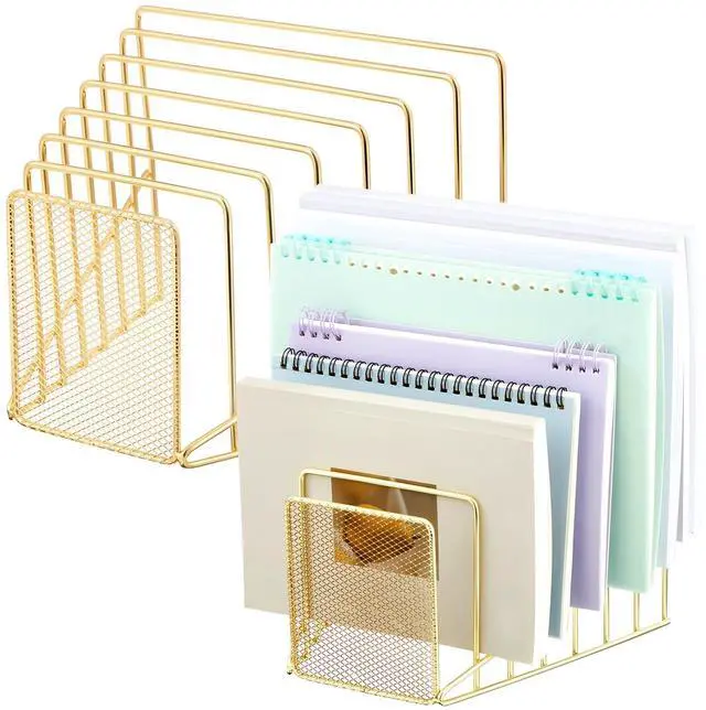 Main image of 2 Pcs 7 Section Wire File Organizer for Desk, Metal Mesh Incline File Holder, Letter & Magazine Folder Rack, Desktop Paper Sorter for Home Office School (Golden)
