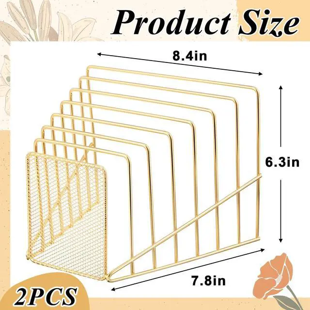 Alt view image 3 of 6 - 2 Pcs 7 Section Wire File Organizer for Desk, Metal Mesh Incline File Holder, Letter & Magazine Folder Rack, Desktop Paper Sorter for Home Office School (Golden)