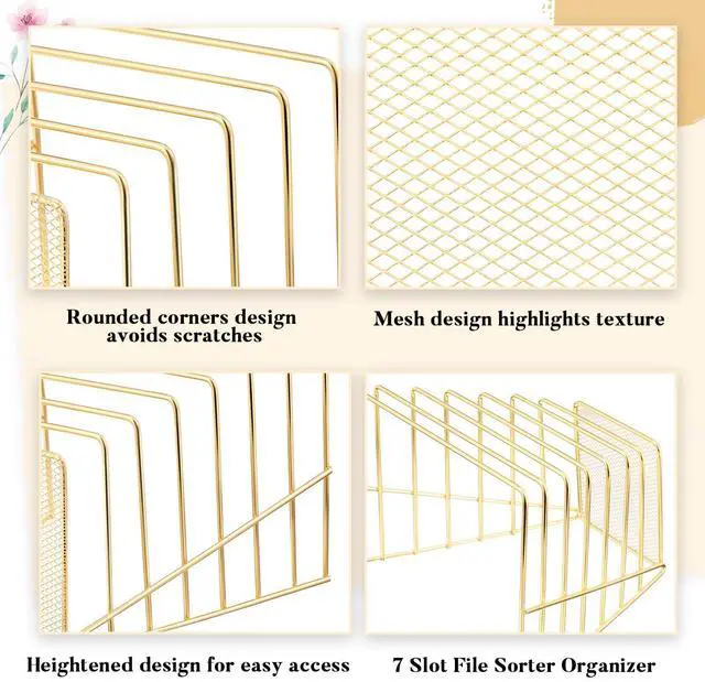 Alt view image 4 of 6 - 2 Pcs 7 Section Wire File Organizer for Desk, Metal Mesh Incline File Holder, Letter & Magazine Folder Rack, Desktop Paper Sorter for Home Office School (Golden)