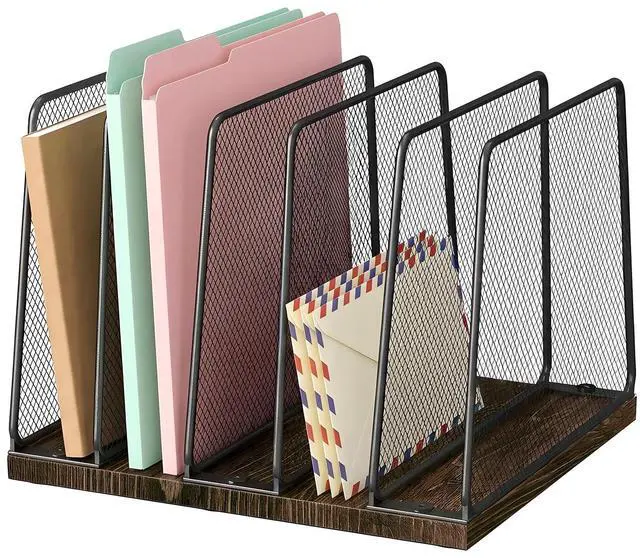 Main image of Desk File Organizer, 5-Section Upright File Sorter, Vertical File Folder Holder, Mesh Metal Wood Office Desktop Organization for Document, Magazine, Books and more (Wood and Black)