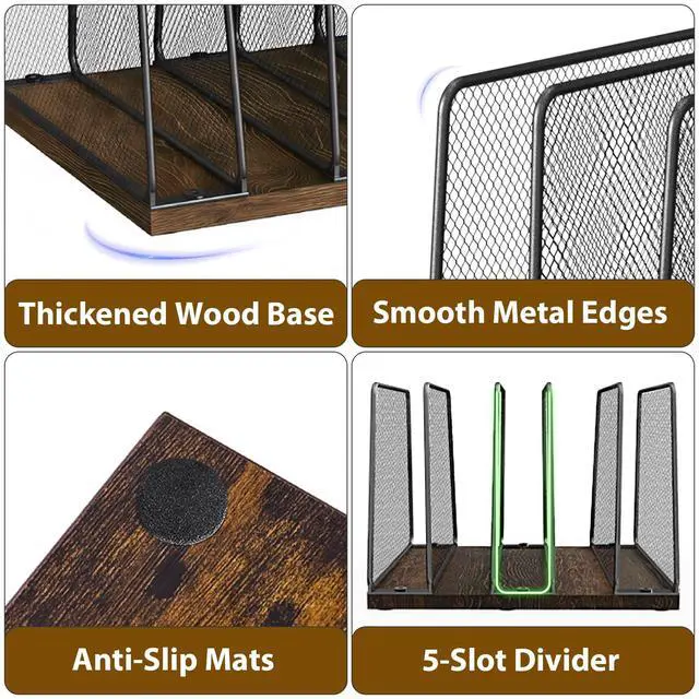 Alt view image 5 of 6 - Desk File Organizer, 5-Section Upright File Sorter, Vertical File Folder Holder, Mesh Metal Wood Office Desktop Organization for Document, Magazine, Books and more (Wood and Black)