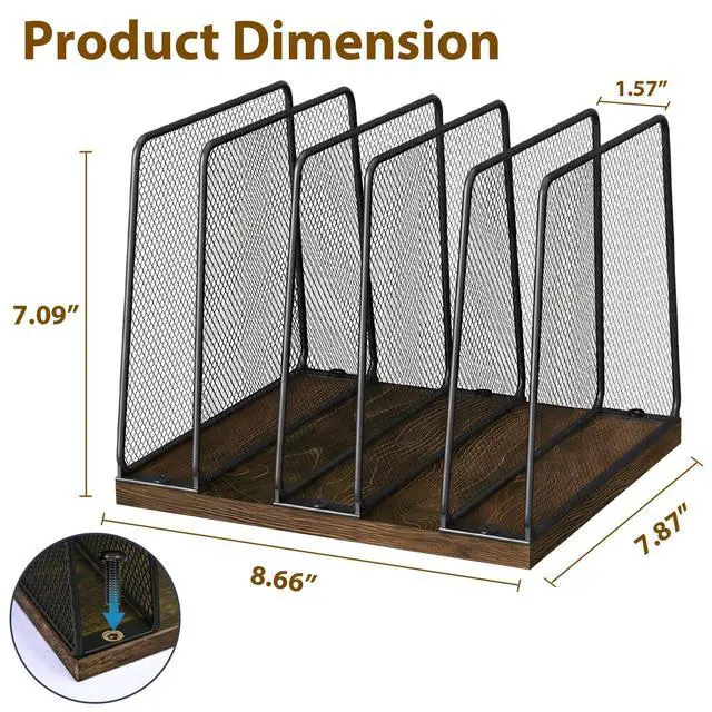 Alt view image 6 of 6 - Desk File Organizer, 5-Section Upright File Sorter, Vertical File Folder Holder, Mesh Metal Wood Office Desktop Organization for Document, Magazine, Books and more (Wood and Black)