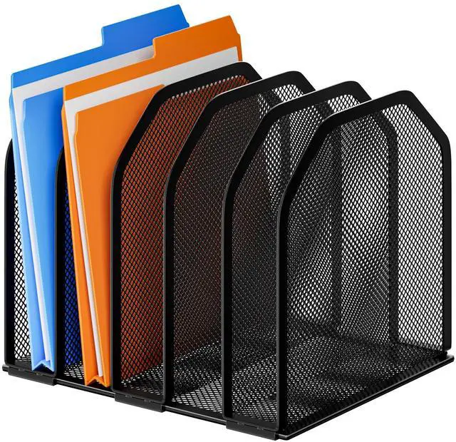 Main image of Desk File Organizer, Adjustable 5 Sections Upright Desktop Organizer File Sorter, Sturdy Metal Mesh Vertical Bookshelf File Holder Workspace Accessories for Home,School,Office Classroom,Black