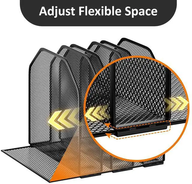 Alt view image 3 of 7 - Desk File Organizer, Adjustable 5 Sections Upright Desktop Organizer File Sorter, Sturdy Metal Mesh Vertical Bookshelf File Holder Workspace Accessories for Home,School,Office Classroom,Black