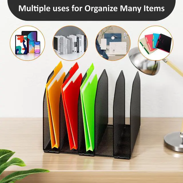 Alt view image 4 of 7 - Desk File Organizer, Adjustable 5 Sections Upright Desktop Organizer File Sorter, Sturdy Metal Mesh Vertical Bookshelf File Holder Workspace Accessories for Home,School,Office Classroom,Black