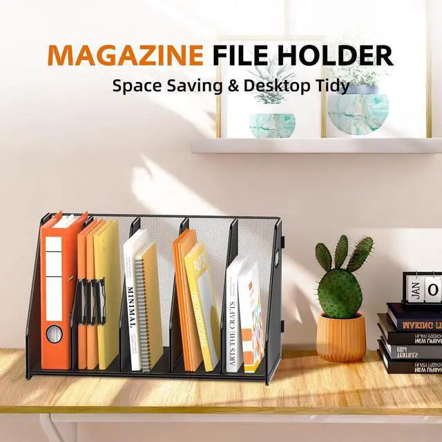 Alt view image 2 of 7 - Binder Organizer, Magazine File Holder with 5 Vertical Compartments Rack, Metal Desk File Organizer & Binder Holders, Magazine Organizers for Office Desktop, Home, School, Classroom (Black)