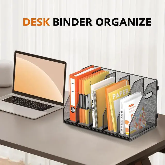 Alt view image 7 of 7 - Binder Organizer, Magazine File Holder with 5 Vertical Compartments Rack, Metal Desk File Organizer & Binder Holders, Magazine Organizers for Office Desktop, Home, School, Classroom (Black)
