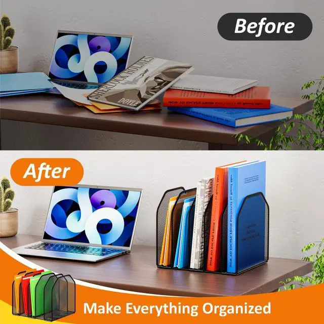 Alt view image 5 of 7 - Desk File Organizer, Adjustable 5 Sections Upright Desktop Organizer File Sorter, Sturdy Metal Mesh Vertical Bookshelf File Holder Workspace Accessories for Home,School,Office Classroom,Black