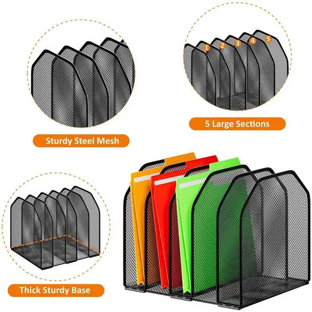 Alt view image 2 of 7 - Desk File Organizer, Adjustable 5 Sections Upright Desktop Organizer File Sorter, Sturdy Metal Mesh Vertical Bookshelf File Holder Workspace Accessories for Home,School,Office Classroom,Black