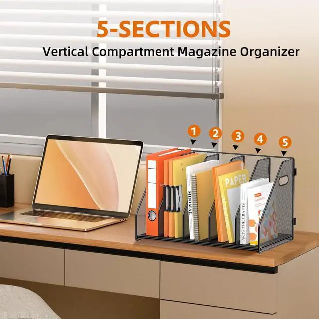 Alt view image 5 of 7 - Binder Organizer, Magazine File Holder with 5 Vertical Compartments Rack, Metal Desk File Organizer & Binder Holders, Magazine Organizers for Office Desktop, Home, School, Classroom (Black)