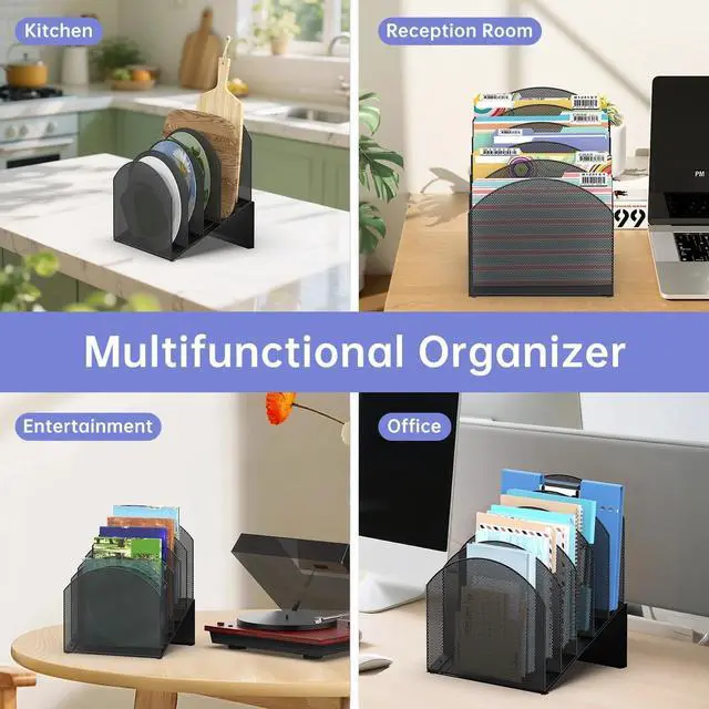 Alt view image 6 of 7 - 5-Section Desk File Organizer, Vertical File Organizer for Desk, Mesh Mail Holder for Letter Size Folders, Black