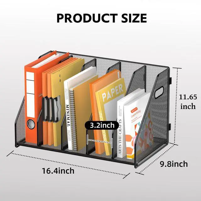 Alt view image 4 of 7 - Binder Organizer, Magazine File Holder with 5 Vertical Compartments Rack, Metal Desk File Organizer & Binder Holders, Magazine Organizers for Office Desktop, Home, School, Classroom (Black)