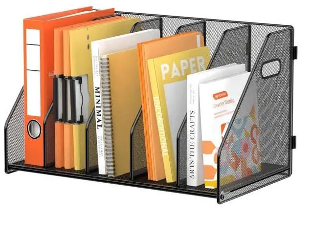 Main image of Binder Organizer, Magazine File Holder with 5 Vertical Compartments Rack, Metal Desk File Organizer & Binder Holders, Magazine Organizers for Office Desktop, Home, School, Classroom (Black)