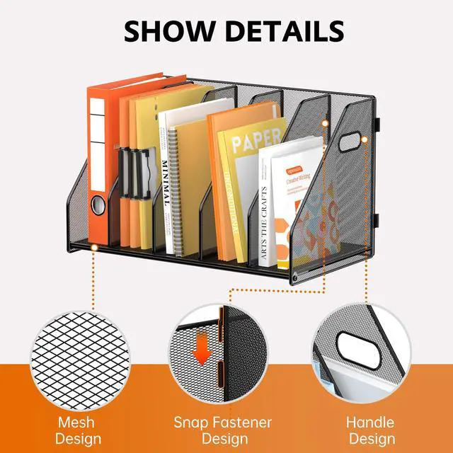 Alt view image 3 of 7 - Binder Organizer, Magazine File Holder with 5 Vertical Compartments Rack, Metal Desk File Organizer & Binder Holders, Magazine Organizers for Office Desktop, Home, School, Classroom (Black)