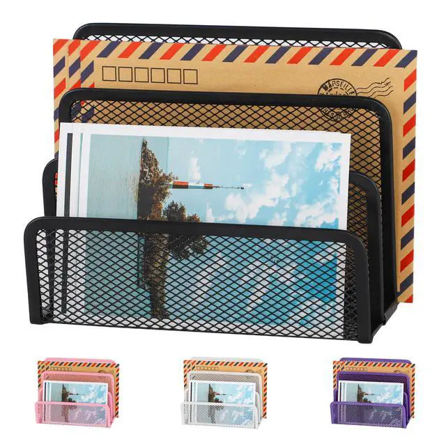 Main image of Desk Mail Organizer, Office Small Desktop Metal Mesh Envelope Letter Sorter Paper File Holder Organizer with 3 Vertical Upright Compartments, Black 1 Pack