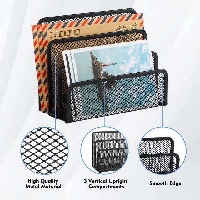 Alt view image 3 of 7 - Desk Mail Organizer, Office Small Desktop Metal Mesh Envelope Letter Sorter Paper File Holder Organizer with 3 Vertical Upright Compartments, Black 1 Pack