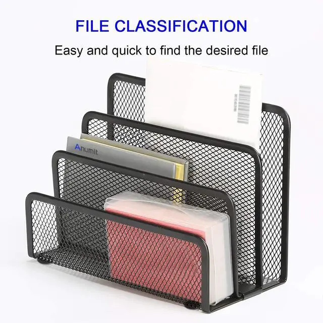 Alt view image 3 of 7 - Desk Mail Organizer, File Holder Letter Sorter with 3 Vertical Upright Metal Mesh Compartments Document, Filing, Folders, Mail, Paper Organizer for Home or Office Desktop (1PCS)