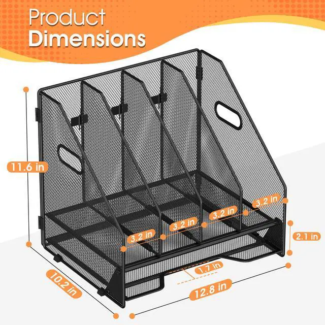 Alt view image 2 of 7 - Desk File Folder Holder Organizer-4 Vertical Compartments Racks and Paper Letter Tray,Mesh Magazine File Holder Sorter,Desktop Accessories & Workspace Organizers for Home,Office,School-Black