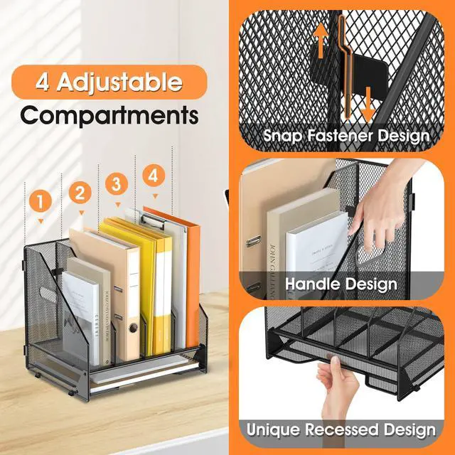 Alt view image 4 of 7 - Desk File Folder Holder Organizer-4 Vertical Compartments Racks and Paper Letter Tray,Mesh Magazine File Holder Sorter,Desktop Accessories & Workspace Organizers for Home,Office,School-Black