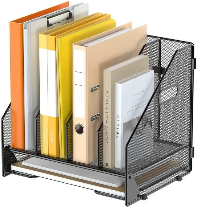 Main image of Desk File Folder Holder Organizer-4 Vertical Compartments Racks and Paper Letter Tray,Mesh Magazine File Holder Sorter,Desktop Accessories & Workspace Organizers for Home,Office,School-Black