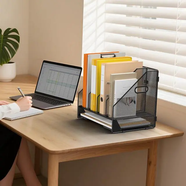 Alt view image 7 of 7 - Desk File Folder Holder Organizer-4 Vertical Compartments Racks and Paper Letter Tray,Mesh Magazine File Holder Sorter,Desktop Accessories & Workspace Organizers for Home,Office,School-Black