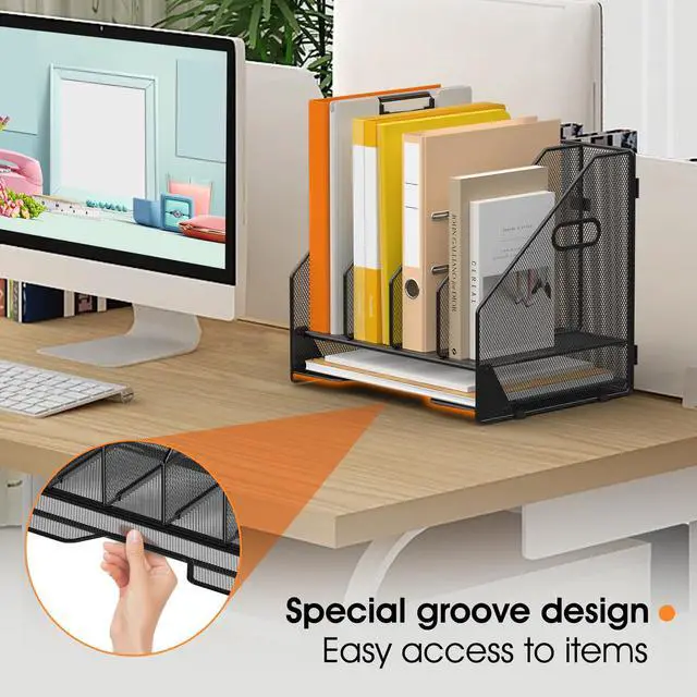 Alt view image 6 of 7 - Desk File Folder Holder Organizer-4 Vertical Compartments Racks and Paper Letter Tray,Mesh Magazine File Holder Sorter,Desktop Accessories & Workspace Organizers for Home,Office,School-Black