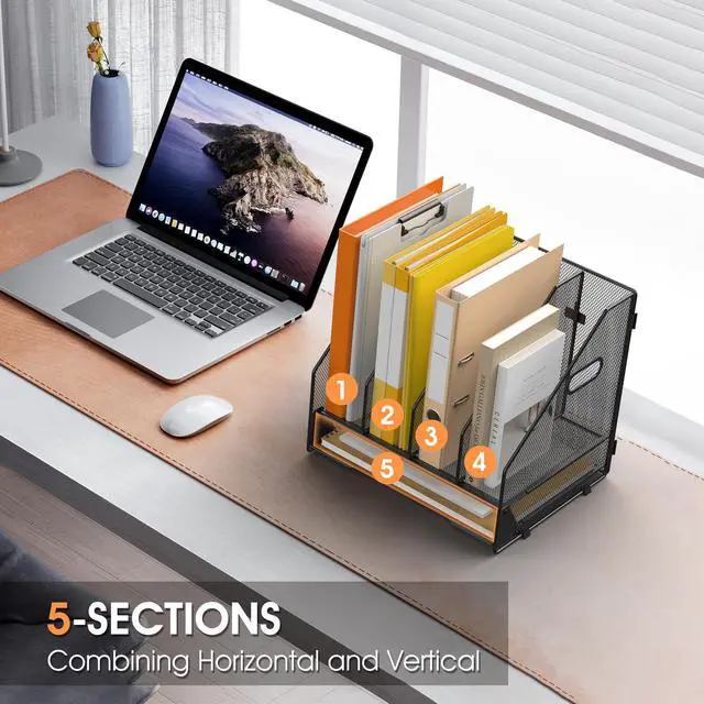 Alt view image 5 of 7 - Desk File Folder Holder Organizer-4 Vertical Compartments Racks and Paper Letter Tray,Mesh Magazine File Holder Sorter,Desktop Accessories & Workspace Organizers for Home,Office,School-Black