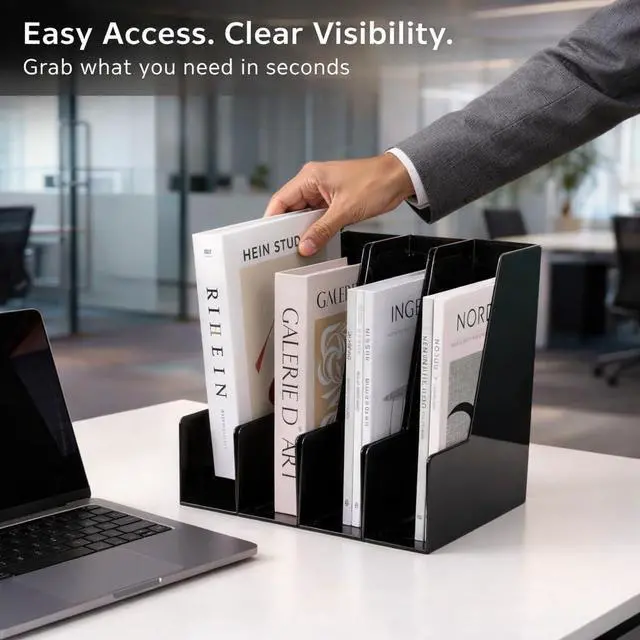Alt view image 4 of 7 - Vertical Magazine File Holder, Desk Organizer and Storage for Magazines, Binders, Notebooks, Envelopes, Multi-Purpose Desktop File Organizer for Home, Office & Classroom, 4 Pack, Black